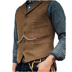 Men's Retro Wool Tweed Vest, Herringbone Plain, V-Neck Sleeveless, Suitable for Prom, Business Casual Looks, Retro Theme Nights & Formal Occasions