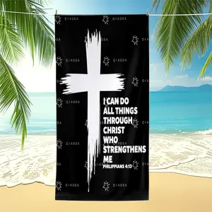 Black & White Brushstroke Cross & Bible Verse Print Beach Towel, Inspirational Philippians 4:13 Collage Pool Towel, Soft Absorbent Quick-Dry Camping Towel, Versatile Cozy Bath Towel Blanket, Multifunctional Towel for Faith & Christian Style Enthusiasts