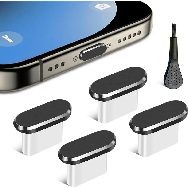 4-Pack Silicone USB-Type-C Port Plugs with Grime Brush - Dust-Proof, Moisture-Barrier Protection for Type-C Chargers, iPhone 15 Series, Samsung Galaxy S22/S21/S20, Note 20/10 & Handheld Devices