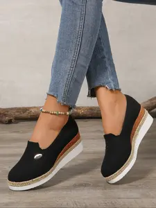 Elegant Women's Slip-On Loafers, Fashionable Thick Sole Shoes, Versatile Low-Top Rope Bottom Design, Comfortable Casual Footwear, Wedge Shoes