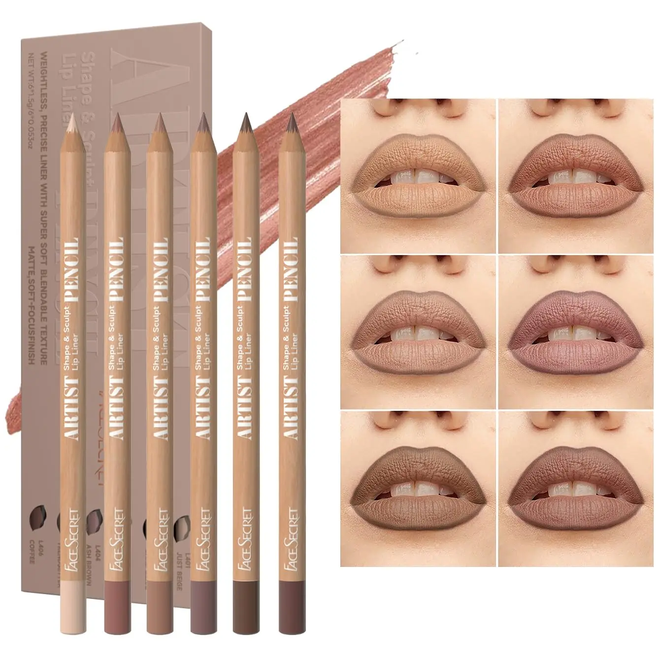 Lip Liner Set, 6 Piece Long-Lasting Waterproof Sticks with a Creamy Matte Finish, Flattering Nude Shades for Precise Lip Lining, Lip Liner Kit, Precise Lip Liner Lip Liner Foundation Waterproof Eyeliner Pencil