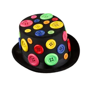 Button Top Hat |  Black Costume Hat with Colorful Buttons - Fun Dress Up Accessory for Clown, Birthday Party & Costume Party