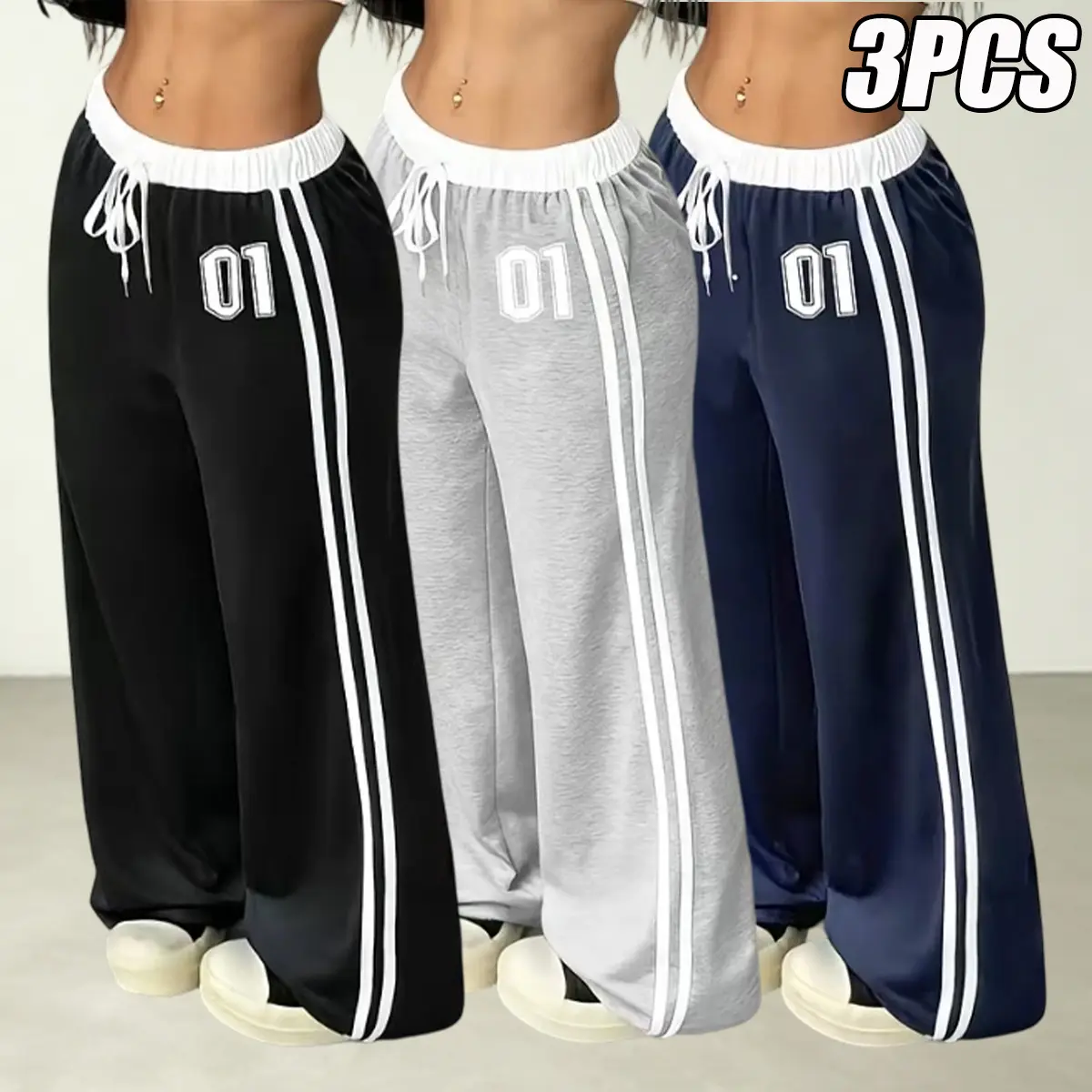 Women’s Wide-Leg Athletic Yoga Pants - Elastic Waistband with Drawstring, Numeric Print, Minimalist Design - Exercise Pants, Gym Workout Apparel, Gym Clothes for Summer Workouts & Everyday Wear