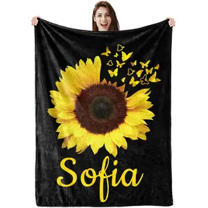 Customized Blanket with Name, Sunflower Floral Blankets, Personalized Throw Blanket, Mother's Birthday Gifts, Fleece Blanket, Sunflower Gifts