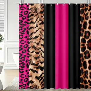 1pcs Pink Black Leopard Print Shower Curtain, Wild Animal Skin Pattern with Bright Pink & Black Stripes, Bold Modern Bathroom Decor, Funky Cheetah Print Curtain, Glam Bathroom Upgrade, Great for Festive & Trendy Home Vibe