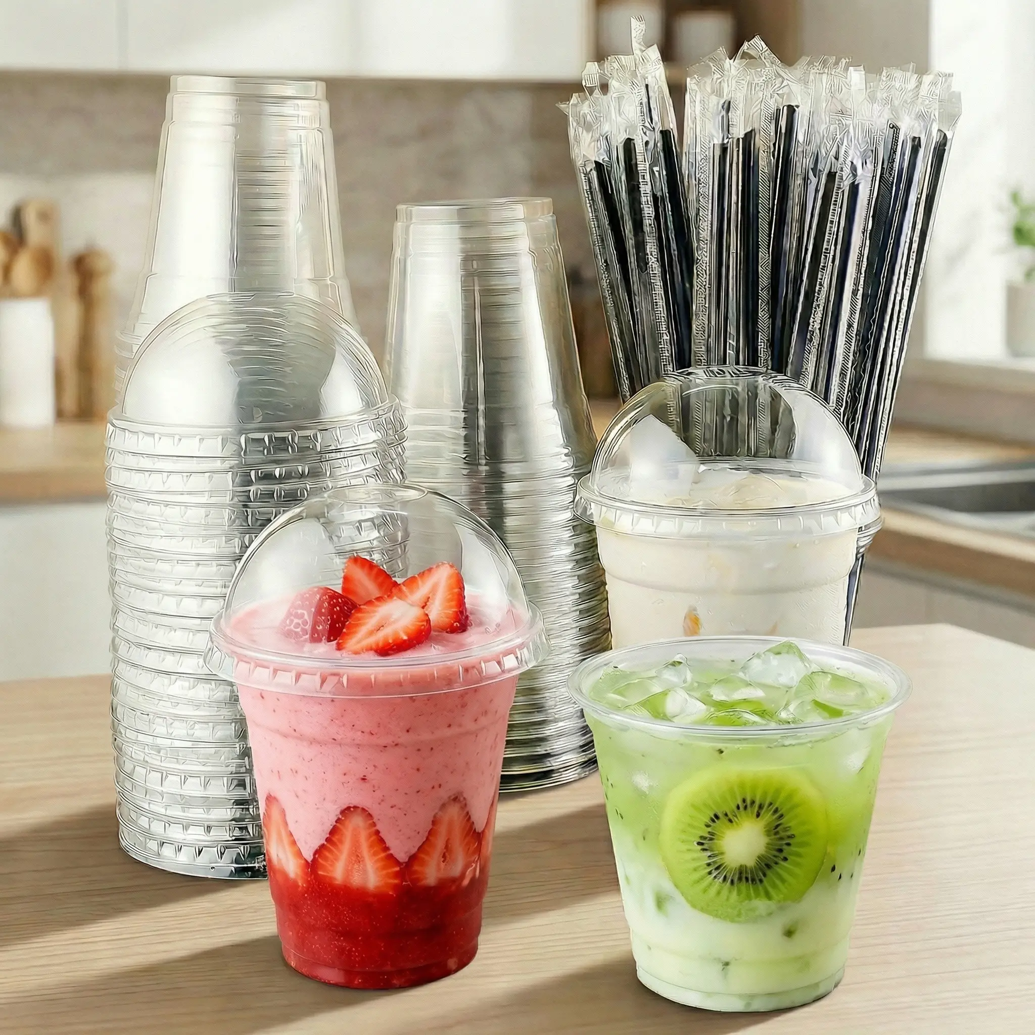 50-Pack Sturdy Premium Thick Disposable Cups (9/10/12 oz Clear Insulated Plastic), BPA-Free Food-Safe with Lids & Paper Wrapped Straws, No-Spill No-Leak for Cold Drinks, Ideal for Home & Festive Parties