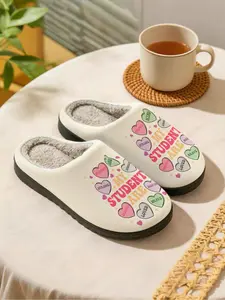 Colorful Heart "My Students Are" Teacher Slogan | Warm & Healing 1 Pair Faux Fur Lined Non-Slip Cozy Warm Home Plush Slippers For Teachers/Girls (Lounging/Relaxing/Bedroom/Living Room) Autumn Winter