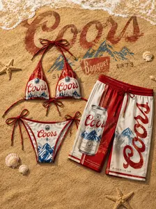 Coors Inspired Bikini Set & Men’s Swim Shorts, Summer Beach Outfit, Matching Couple Swimwear, Retro Beer Aesthetic, Sexy Bikini, Vacation Ready, Pool Party Look, Ocean Vibes, Tropical Holiday, Trendy Streetwear Beachwear