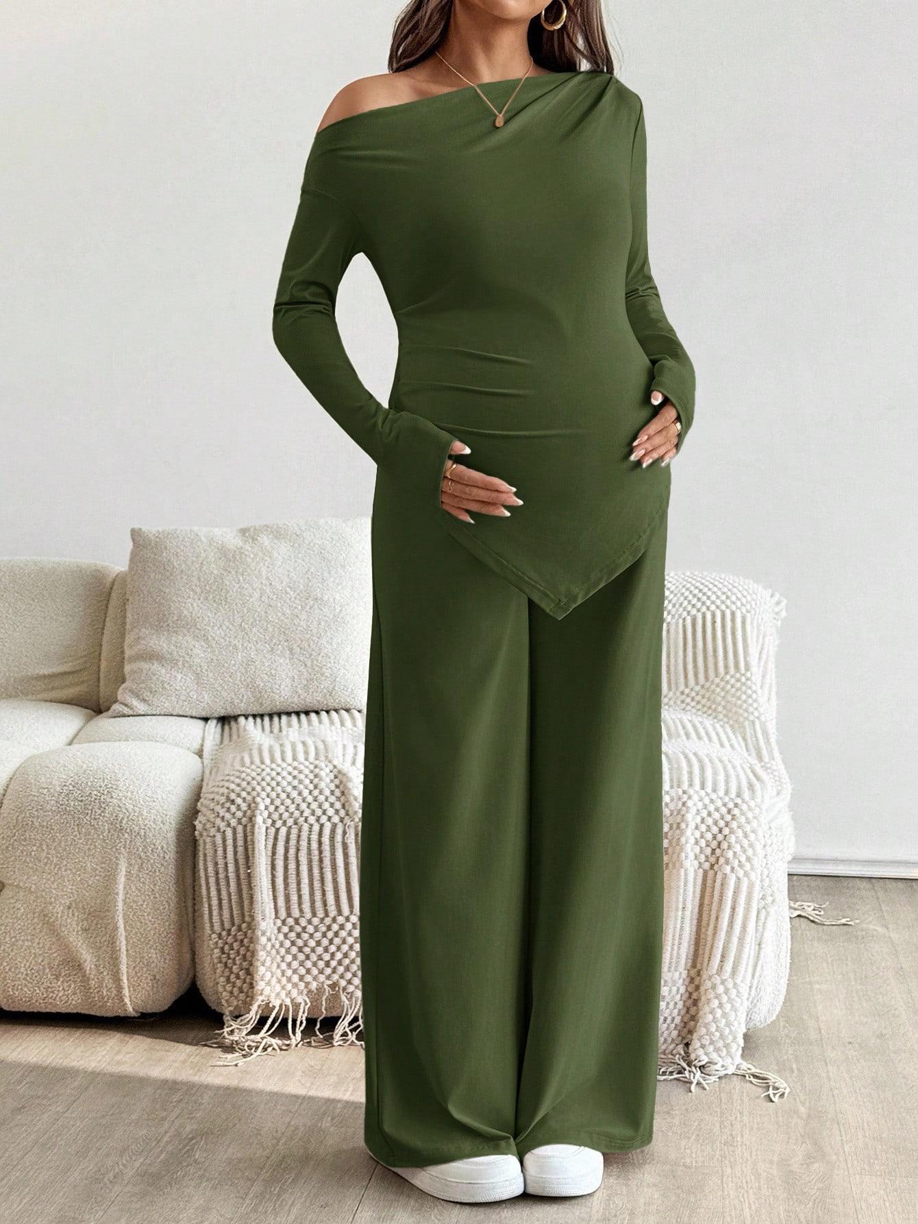 ZESTY MATERNITY Pregnant Women Casual Solid Color Asymmetric Top And Pants Set Stylish Maternity Two Piece Set Everyday Wear Autumn Season
