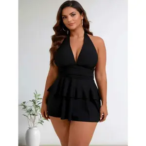 Women's Elegant Black Tankini Top With Leopard Print High Waist Ruched Skirt Two Piece Swimsuit, High Stretch Knitted Fabric Bathing Suit Set