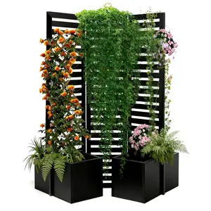 Privacy Screen with Planter Box - 3-Panel Freestanding Outdoor Room Divider, 71"x52"x31" Metal Garden Fence with 4 Self-Draining Raised Garden Beds for Patio Deck Yard, Black