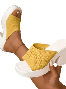 Women's Peach Color Knit Thick Sole Sandals, New Chunky Heel Slip-On Shoes, Outdoor Wear Height-Boosting Lazy Slippers