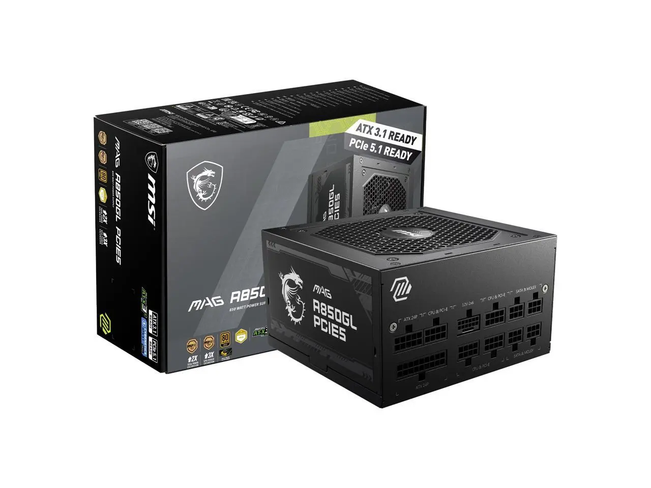 MSI MAG A850GL PCIE5, Fully Modular Compact Gaming 850W Power Supply, 80+ Gold, ATX 3.1 & PCIe 5.1 Ready, Native Dual-color 12V-2x6 cable, 10 Year Warranty