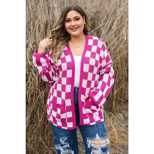 Bonbon Checkered Pattern Open Front Plus Size Cardigan Casual Fashion