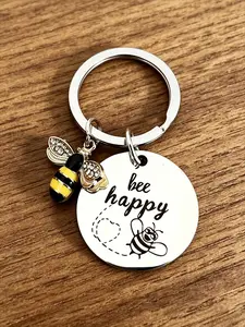 Bee Happy Inspirational Keychain, Stainless Steel Engraved Quote Keyring, Sparkly Bumble Bee Charm, Cute Motivational Gift for Women Friends, Keychain Accessories, Key Charms