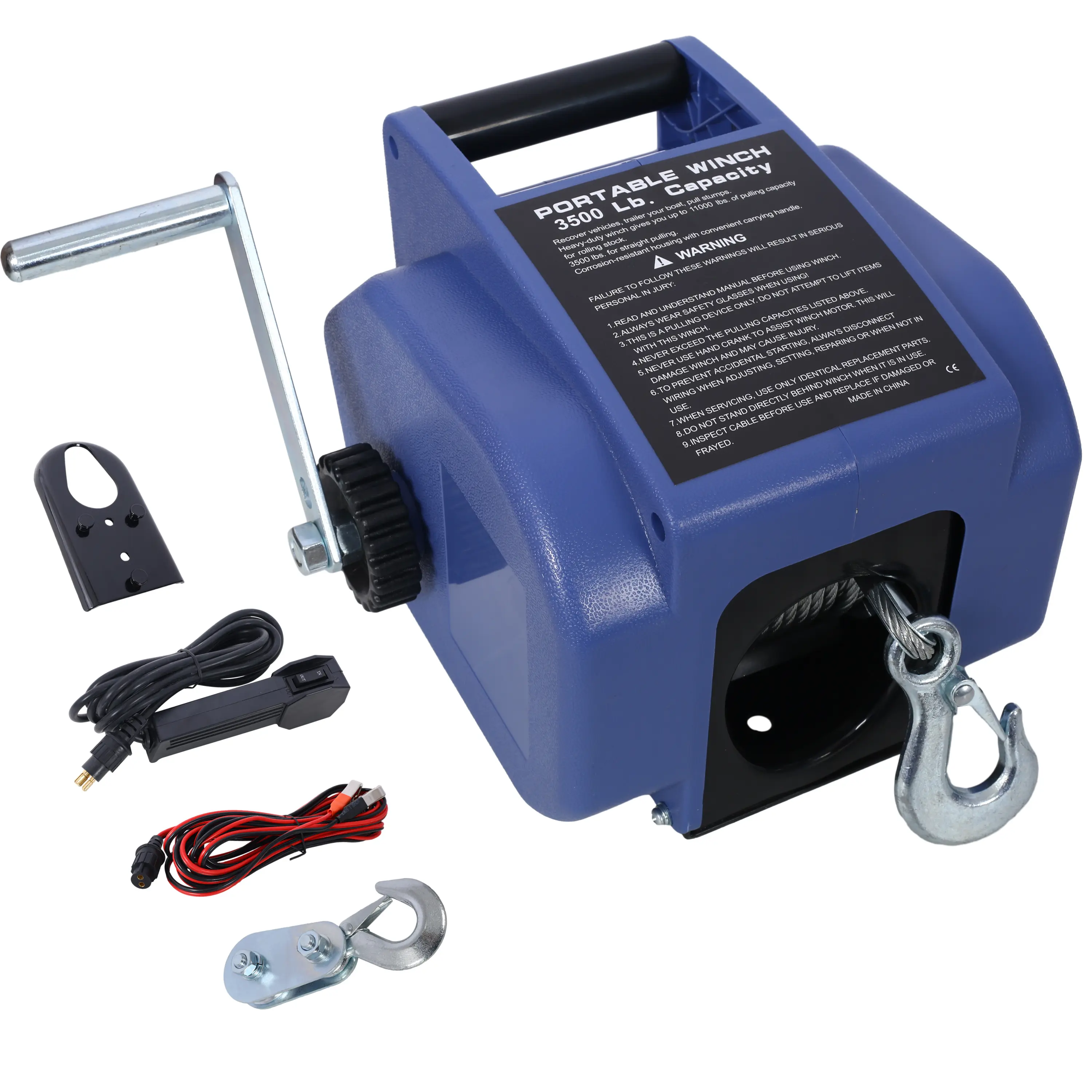 12V Reversible Electric Trailer Winch, 3500lb/6000lb Capacity with Enhanced Power Motor, 10.5m Galvanized Wire Rope, Dual Operation Modes, Power In/Out, Manual Function, Extra Pulley Hook, Blue Plastic Casing, Easy Assembly & Use for Boating & Trailers, T