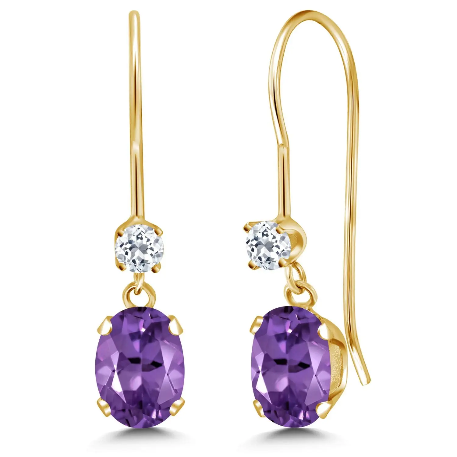 French Wire Dangle Earrings For Women | 14K Yellow Gold | Gemstone Birthstone and White Topaz Accent | Oval 6X4MM and Round 2.5MM | Jewelry Gifts for Women