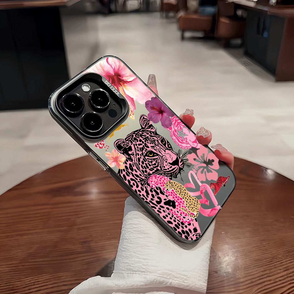 Leopard-print tiger and floral pattern design, full-coverage fashion phone case in colored silver. Compatible with Apple iPhone 17/16/15/14/13 Pro Max and Samsung Galaxy S25/24/23 Ultra series models.