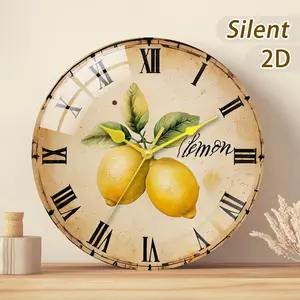 Sturdy Glass Thick Wood Quartz Clock Silent Wall Hanging, Roman Numerals Lemon Leaves Design, Battery Operated Home Decor Gift