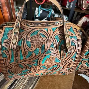 Tooled Leather Speedy Bag with Turquoise Background and Floral Design