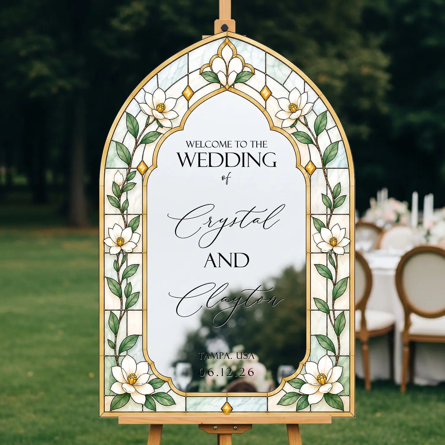 White Wildflower Stained Glass Wedding Welcome Sign — Gold Arch