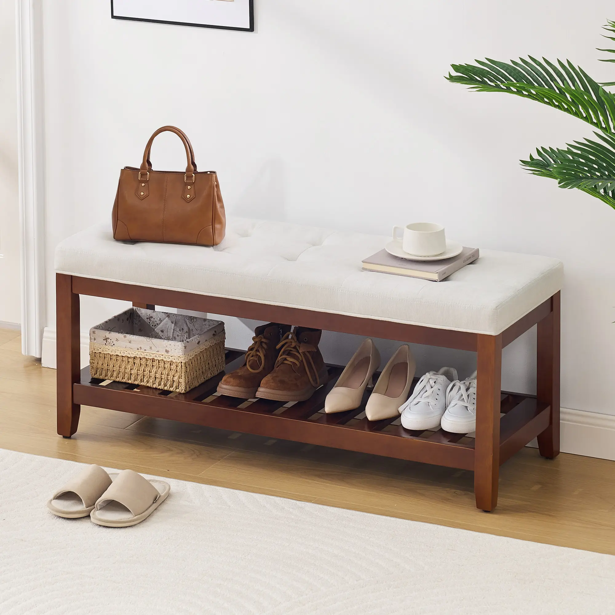 Entryway Shoe Bench, 44" End of Bed Bench with Solid Wood Shelf & Cushion Padded, Upholstered Button-Tufted Bench for Bedroom, Entry Way, Hallway, Living Room, Beige
