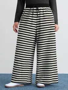 BLOOMCHIC Women's Plus Size Contrast Striped Garment - Drawstring Waist Wide Leg Spandex Pants, Mid Rise, Loose-Fitting, Full Length, Black, All-Season Casual Leisure, With Pocket, M-6X, 2026 Summer Mom Pick 2026 Summer Vibes Bottom Womenswear Swimweek