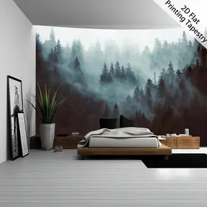 Misty Forest Tapestry Fog Woodland Backdrop Nature Theme Wall Hanging Photography Background Aesthetic Decor for Living Room Bedroom Indoor Outdoor Home Decoration