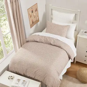 Gingham Duvet Cover Twin Size, Tan Brown Checkered Plaid Bedding Set with Zipper Closure & Corner Ties, 2 Pieces Soft Prewashed Polyester Comforter Cover for Dorm Kids