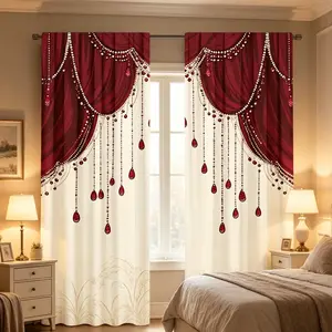 Two-piece wine red printed polyester semi-transparent curtain for hanging rods, suitable for living rooms, bedrooms and home decoration. Hand washable, hookless. Window Drapes