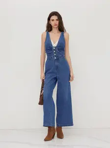 CIDER Denim V-neck Button Pocket Wide Leg Jumpsuit