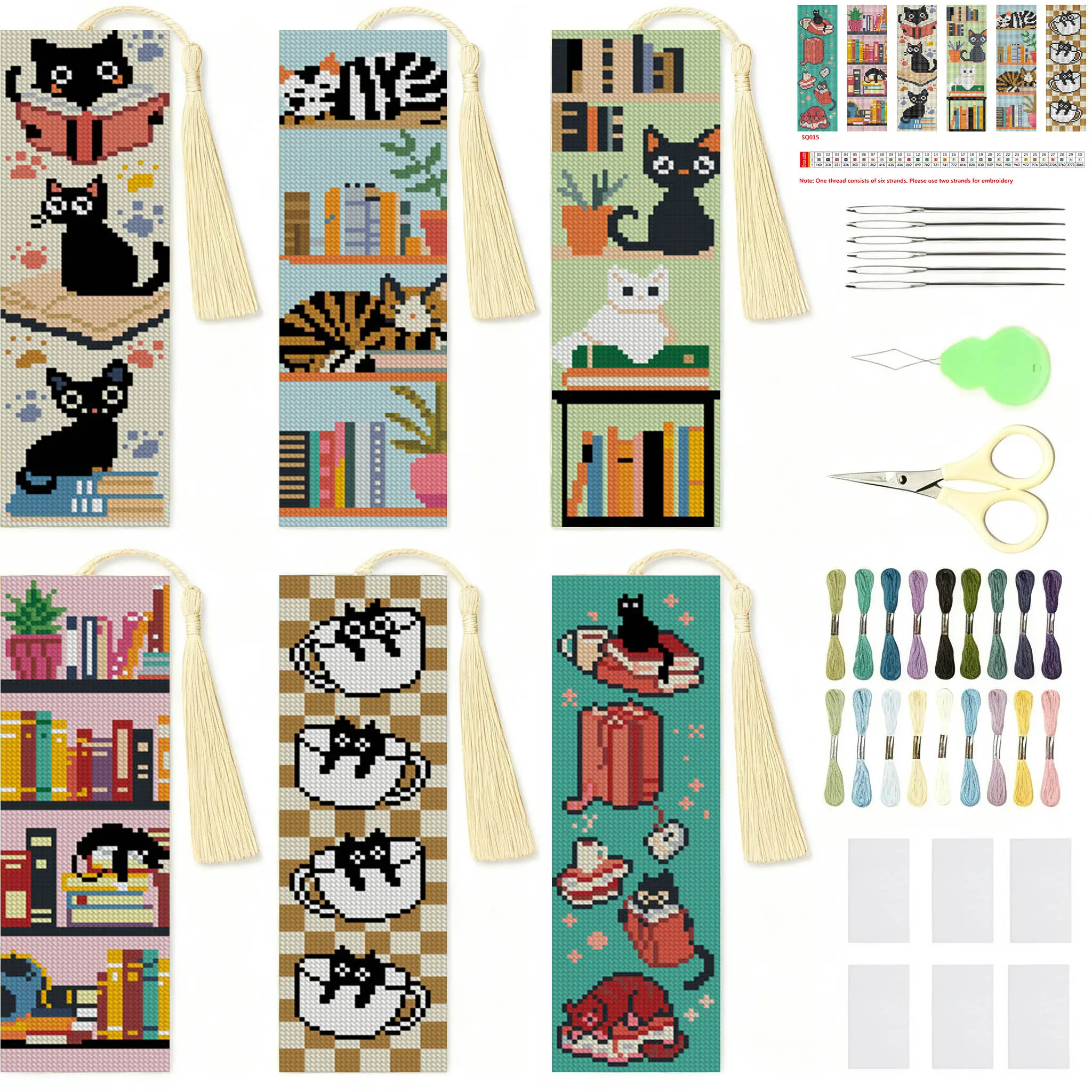 6 Pcs Black Cat Cross Stitch Bookmark Kit for Adult Beginners,Book Cross Stitch Kits 14 CT DIY Crossstitch Kits Adult Stamped Bookmark Embroidery Bookmarks Kit