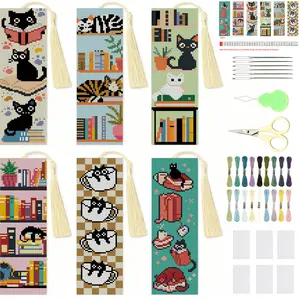 6 Pcs Black Cat Cross Stitch Bookmark Kit for Adult Beginners,Book Cross Stitch Kits 14 CT DIY Crossstitch Kits Adult Stamped Bookmark Embroidery Bookmarks Kit