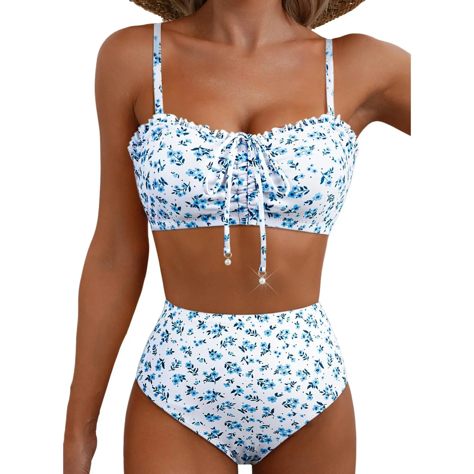 Aleumdr Women's Floral Print Stylish Bikini Set, 2 Piece High Waisted Swimsuit with Lace-Up Fit and Ruched Tummy Control Bikini Beachwear