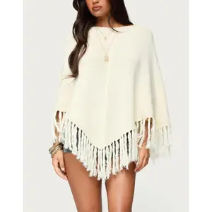 Women Knit Poncho with Tassels Loose Solid Boat Neck Coverup Tops Casual Shrug Sweaters