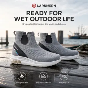 【FathersDayGift】Men’s Lightweight Slip-On Camping Boots, LARNMERN’s Waterproof Non-Slip Hiking Shoes with Ankle Support, Soft Sole Outdoor Trekking Shoes, Perfect for Fishing, Camping, Dog Walking, Daily Casual & Outdoor Activities