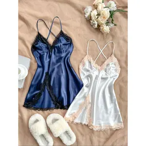 Women's Contrast Lace Backless Satin Cami Nightdress, Comfort Basic Criss Cross Tie Back Sleeveless Nightgown, Summer V Neck Sleepwear for Women