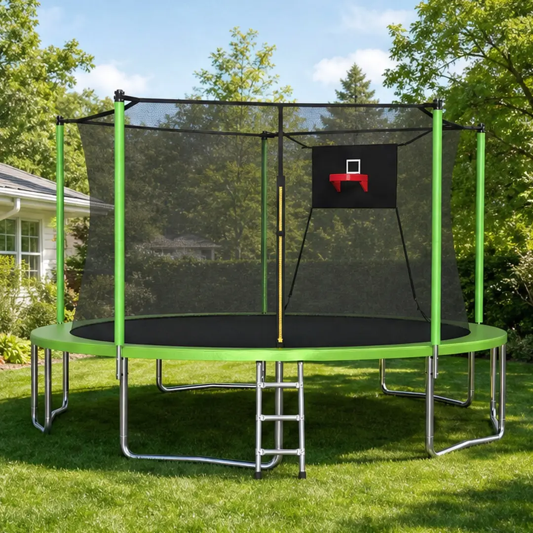 14FT Outdoor Trampoline Set for Kids & Adults, Heavy-Duty Galvanized Steel W-Leg Frame, UV-Resistant Safety Net, Ladder, ASTM F381-16 Certified, Fitness for Everyone Jumping Mat Outdoor Trampolines for Backyard Use, Sports Trampoline