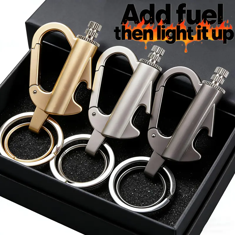 Gift Box Version(Fuel Not included) 3-in-1 Multifunctional Keychain ,Bottle Opener,Waterproof Lighter, Refillable Lighter for Hiking Camping multiple key