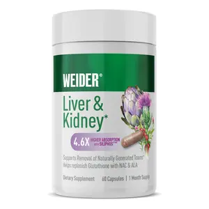 Weider Liver & Kidney Support - Antioxidant Complex with Milk Thistle Extract, NAC & Alpha Lipoic Acid - Daily Liver & Kidney Supplement for Cellular Health Support - 60 Veggie Capsules