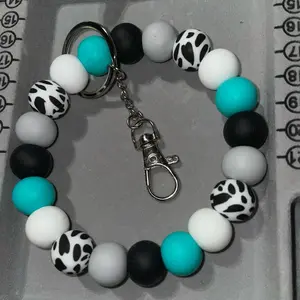 Teal and Cow print Silicone Wristlet Keychain beaded