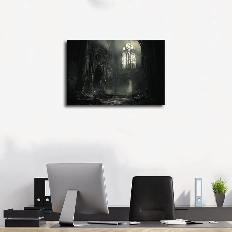 XAHOR Abandoned Gothic Cathedral Wall Art – Dark Horror Architecture Print – Vintage Black And White Canvas Wall Art Print Poster For Home School Office Decor 12x18inch(30x45cm)