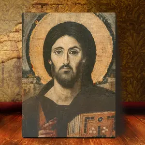 Handcrafted Greek Orthodox Jesus Christ Image - Wooden Frame Art, Traditional Religious Wall Decoration, Ornaments, Home, Wedding Gift, Spiritual Decoration, No Electricity Required, Classic Aesthetics, Craftsmanship