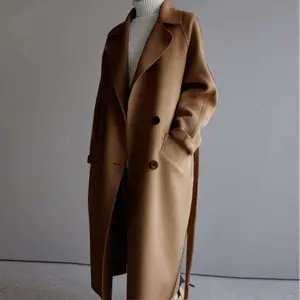 Women's Woolen Winter Coat Chic Korean Style Long Over-Knee Loose Fit Waist Tie Elegant Casual Outerwear Cold Weather