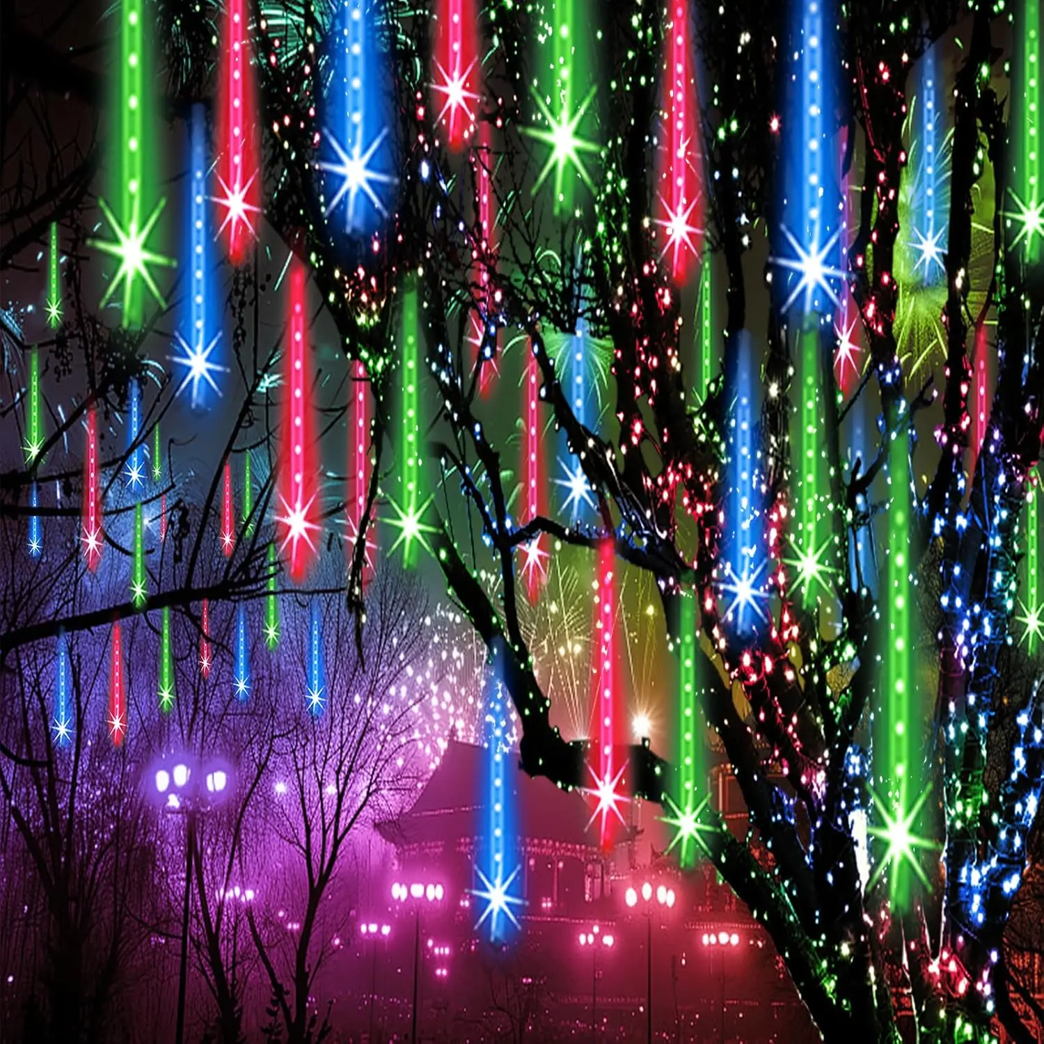 Meteor Shower Lights Outdoor Christmas Lights 24-Tube 576LEDs Snow Falling Rain Cascading Icicle Lights for Christmas Tree Decorations Wedding Party Holiday Garden Decor, UL Plug Multi Color