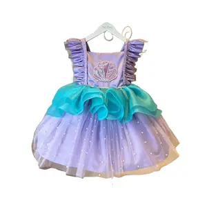 Girl's Contrast Sequin Ruffle Trim Tiered Layer Mermaid Dress, Elegant Butterfly Sleeve Square Neck Fit & Flare Dress for Party, Princess Quince Dresses, Kids Clothes for All Seasons