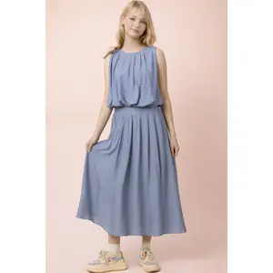Pleated Bubble Blouse Top & Midi Skirt Set in Denim