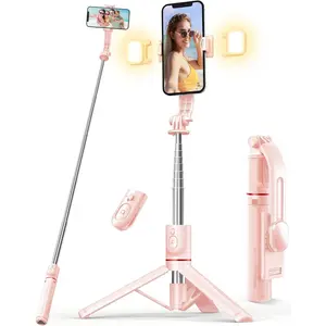 Selfie Stick with Light, 45'' Selfie Stick Tripod with Wireless Remote, Portable Travel Phone Tripod Compatible with iPhone 15 Pro Max/15/14 Pro/14/13, Samsung S22/ S23 Ultra/Android Smartphone (Pink)