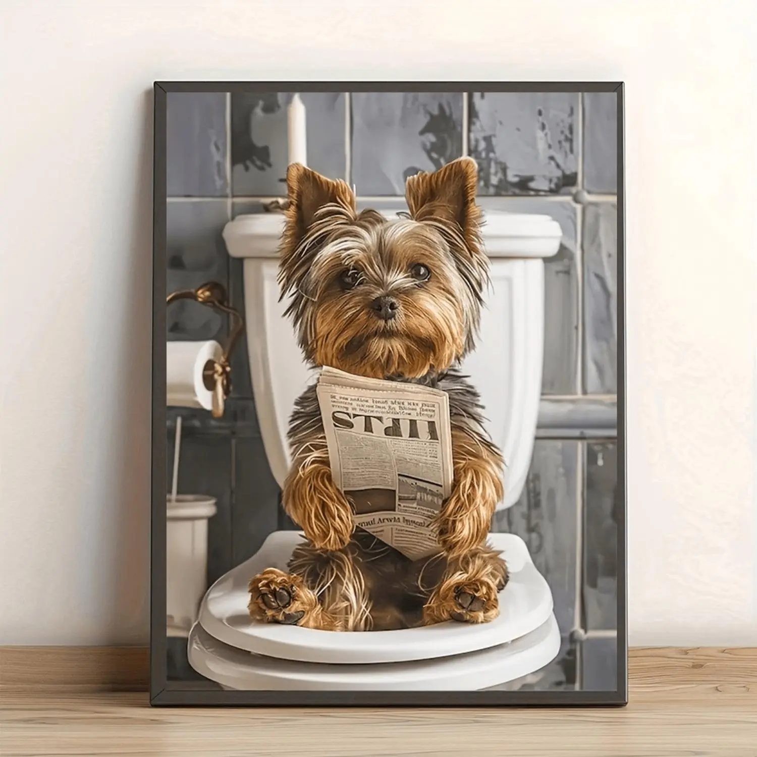 2D Flat, 2D Flat, Yorkie Reading Newspaper on Toilet – 12X16 Inch Frameless Canvas Wall Art, Funny Bathroom Decor Poster, Ideal for Home And Office，Frameless