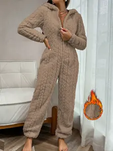 Winter Coral Fleece Hooded Pajamas Set, Thick Warm One-Piece Sleepwear Onesie, Cozy Knitted Nightwear for Men & Women, Comfortable Loungewear